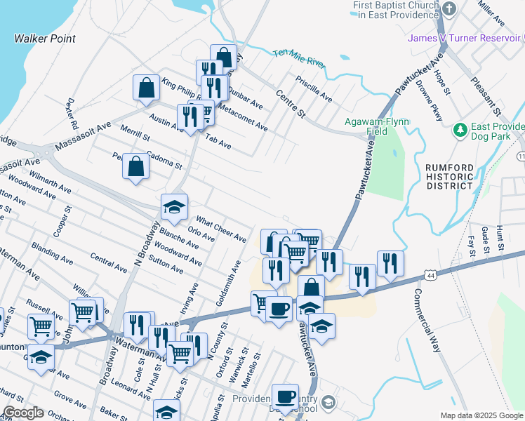 map of restaurants, bars, coffee shops, grocery stores, and more near 157 Dewey Avenue in East Providence