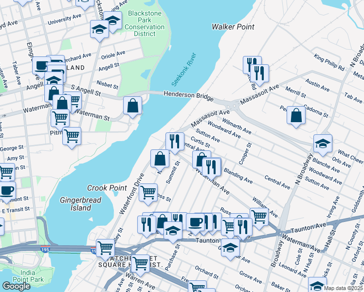 map of restaurants, bars, coffee shops, grocery stores, and more near 10 Birch Street in East Providence