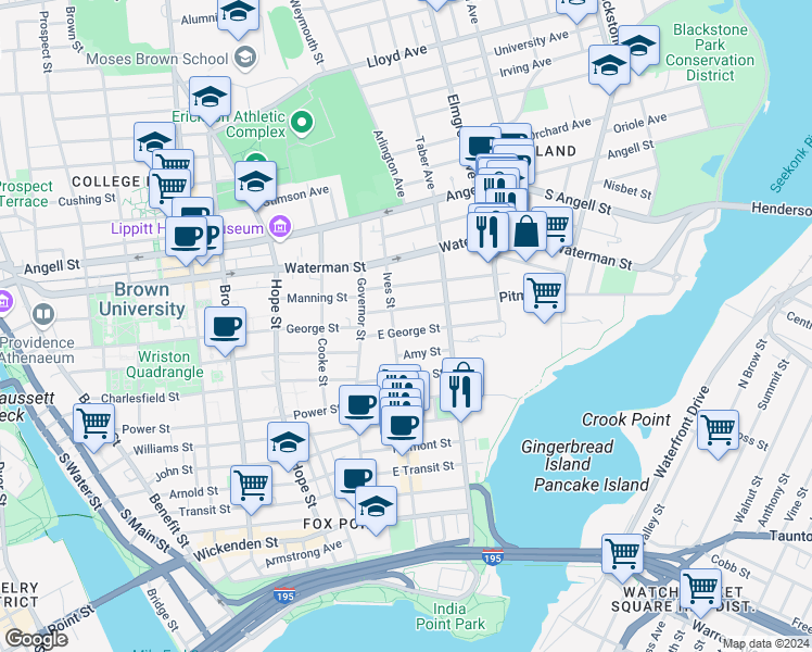 map of restaurants, bars, coffee shops, grocery stores, and more near in Providence