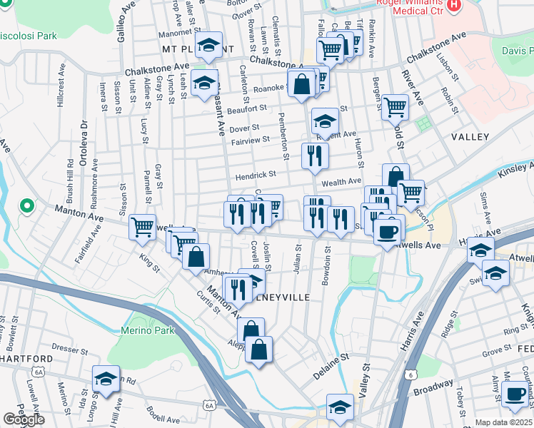map of restaurants, bars, coffee shops, grocery stores, and more near 214 Carleton Street in Providence