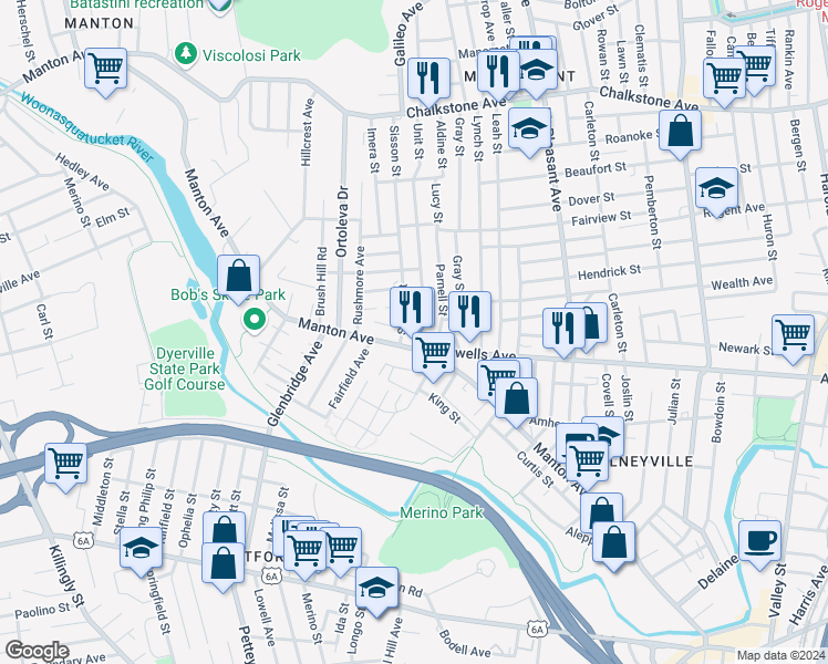 map of restaurants, bars, coffee shops, grocery stores, and more near 2 Octavia Street in Providence