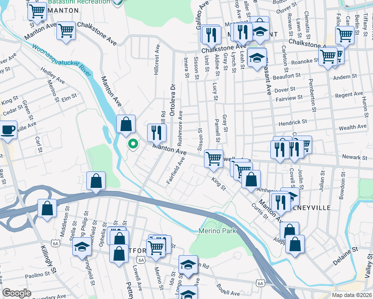 map of restaurants, bars, coffee shops, grocery stores, and more near 10 Rushmore Avenue in Providence