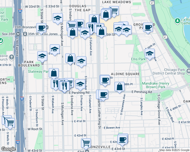 map of restaurants, bars, coffee shops, grocery stores, and more near 324 East 38th Street in Chicago