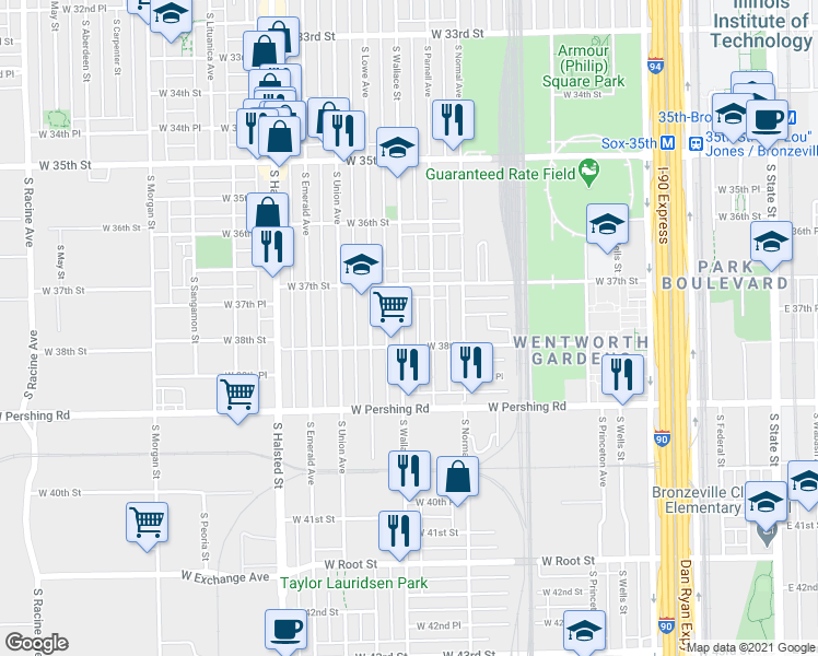 map of restaurants, bars, coffee shops, grocery stores, and more near 3740 South Parnell Avenue in Chicago