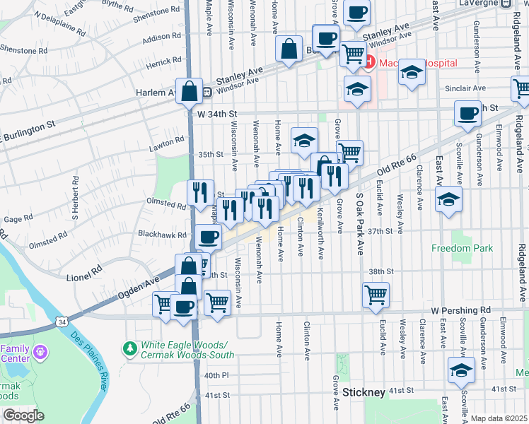 map of restaurants, bars, coffee shops, grocery stores, and more near 3620 Home Avenue in Berwyn
