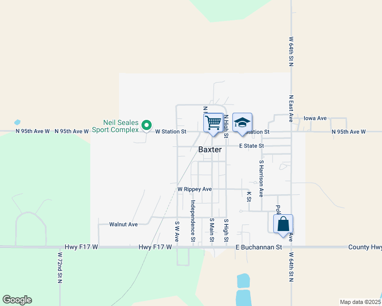 map of restaurants, bars, coffee shops, grocery stores, and more near 200 West State Street in Baxter