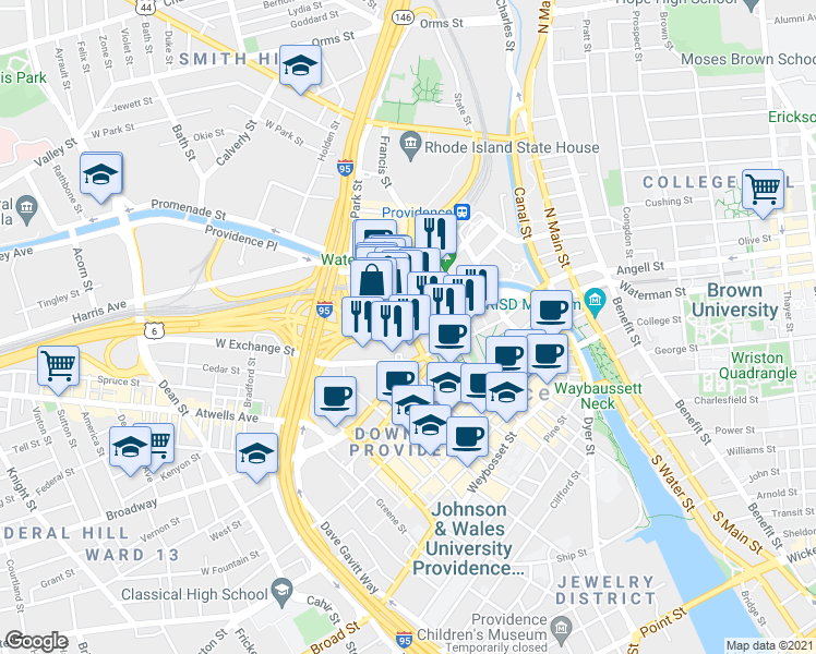 map of restaurants, bars, coffee shops, grocery stores, and more near 56 Francis Street in Providence