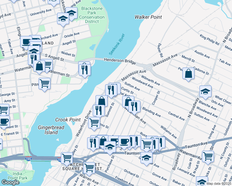 map of restaurants, bars, coffee shops, grocery stores, and more near 10 Birch Street in East Providence