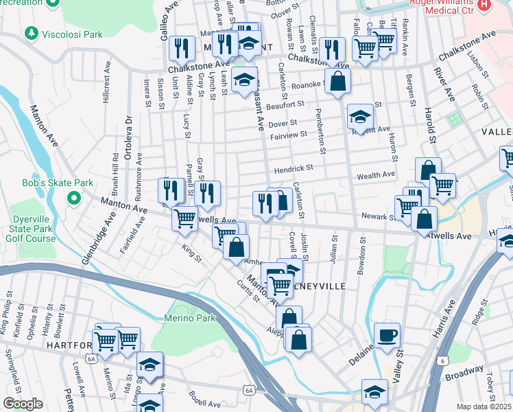 map of restaurants, bars, coffee shops, grocery stores, and more near 21 Montrose Street in Providence