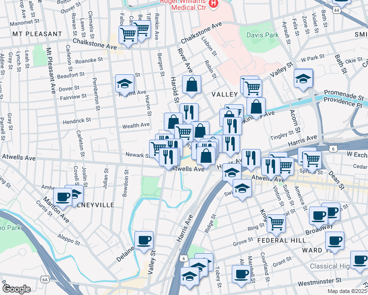 map of restaurants, bars, coffee shops, grocery stores, and more near 325 Valley Street in Providence