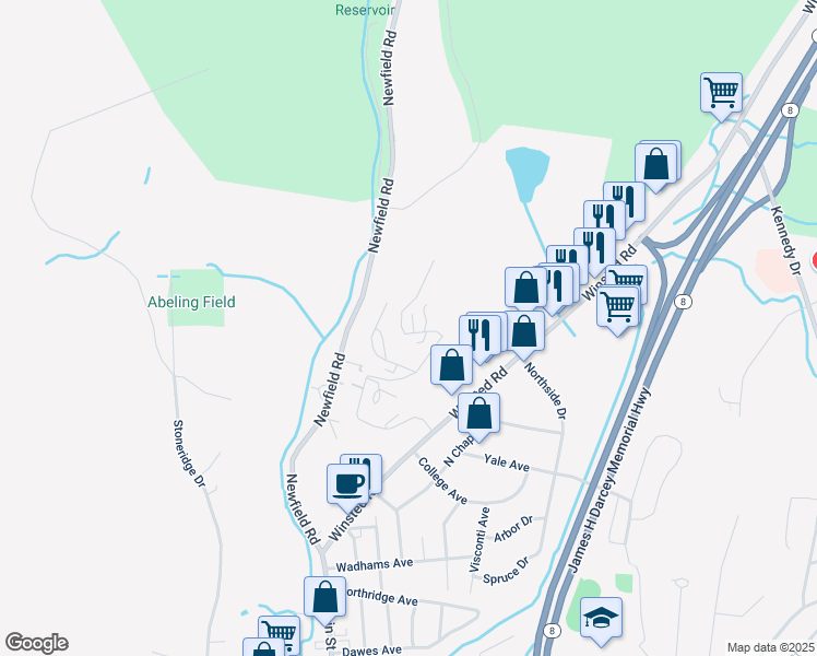 map of restaurants, bars, coffee shops, grocery stores, and more near 146 Queens Road in Torrington