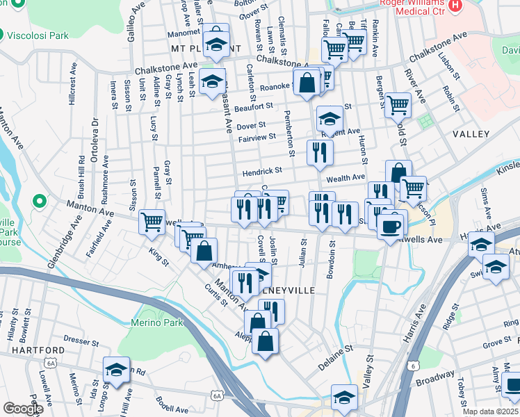 map of restaurants, bars, coffee shops, grocery stores, and more near 211 Carleton Street in Providence