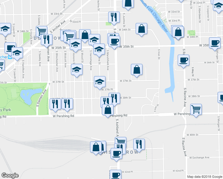 map of restaurants, bars, coffee shops, grocery stores, and more near 1616 W 37th Pl in Chicago