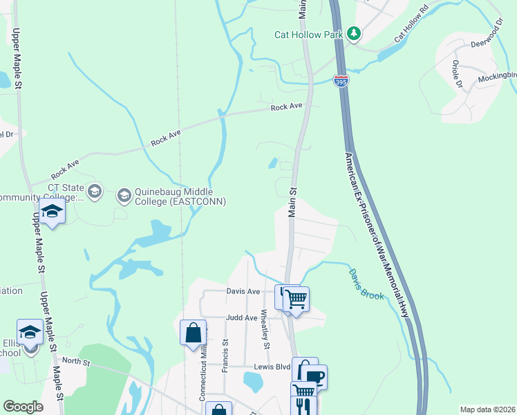 map of restaurants, bars, coffee shops, grocery stores, and more near 37 Wyndham Landing in Killingly