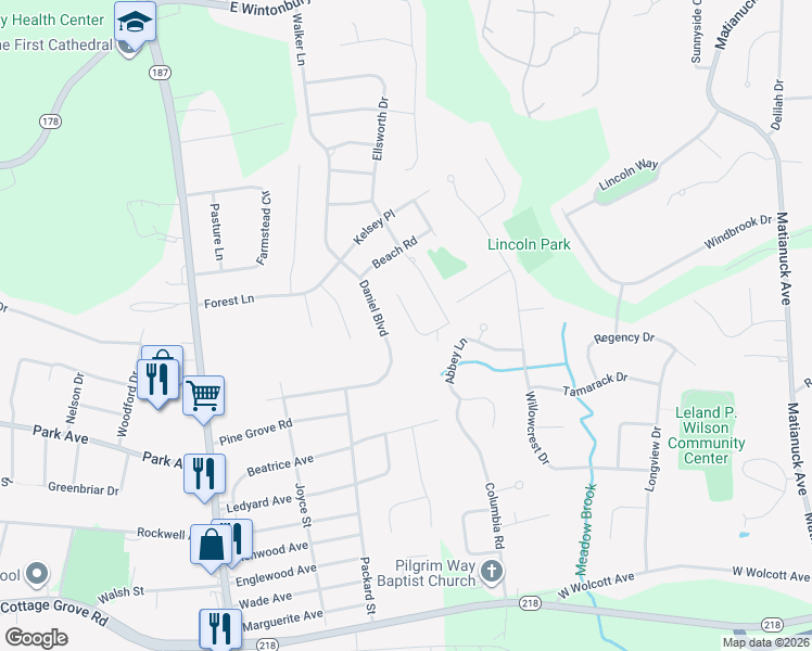 map of restaurants, bars, coffee shops, grocery stores, and more near 11 Sandra Drive in Bloomfield