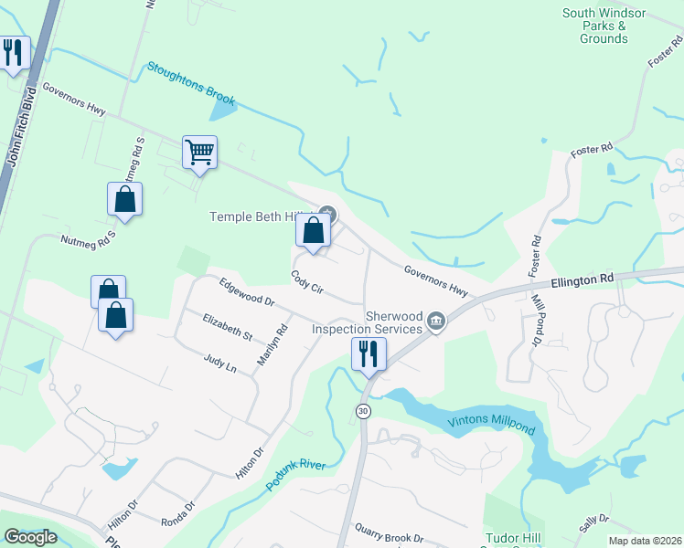 map of restaurants, bars, coffee shops, grocery stores, and more near 140 Cody Circle in South Windsor