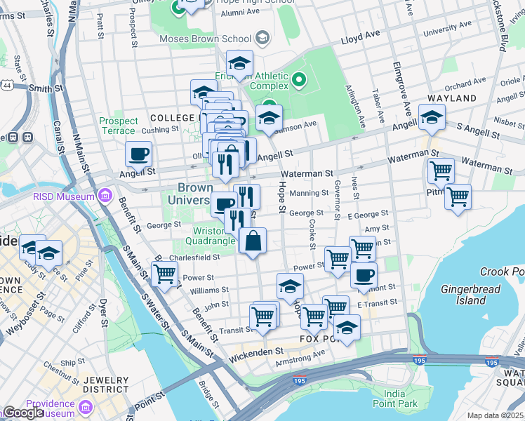 map of restaurants, bars, coffee shops, grocery stores, and more near 315 Brook Street in Providence