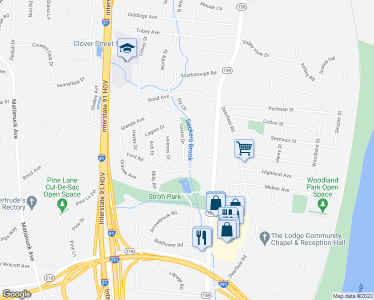 map of restaurants, bars, coffee shops, grocery stores, and more near 108 Custer Drive in Windsor