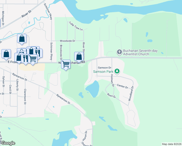 map of restaurants, bars, coffee shops, grocery stores, and more near 210 South Hamilton Drive in Buchanan