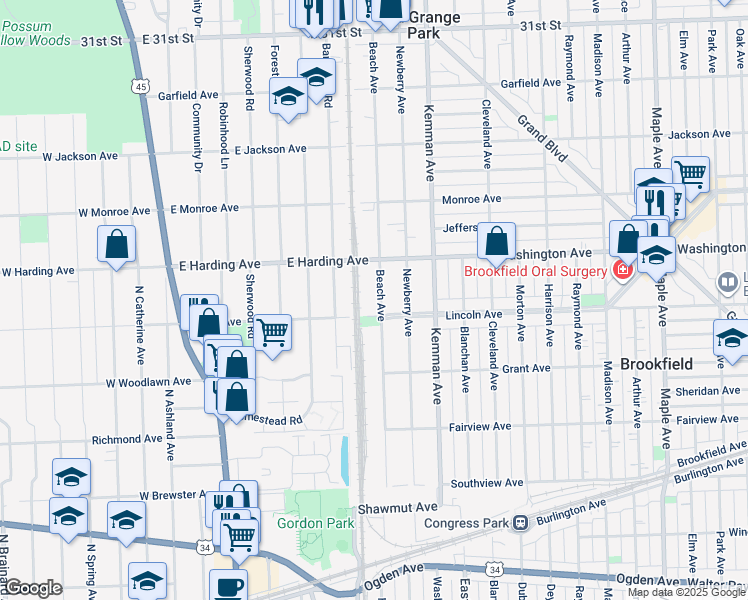 map of restaurants, bars, coffee shops, grocery stores, and more near 608 Beach Avenue in La Grange Park