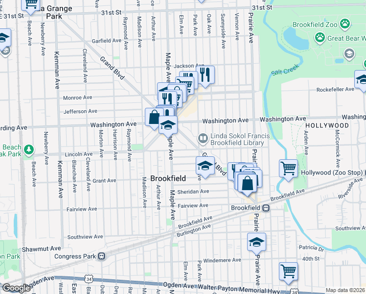 map of restaurants, bars, coffee shops, grocery stores, and more near 9126 Lincoln Avenue in Brookfield
