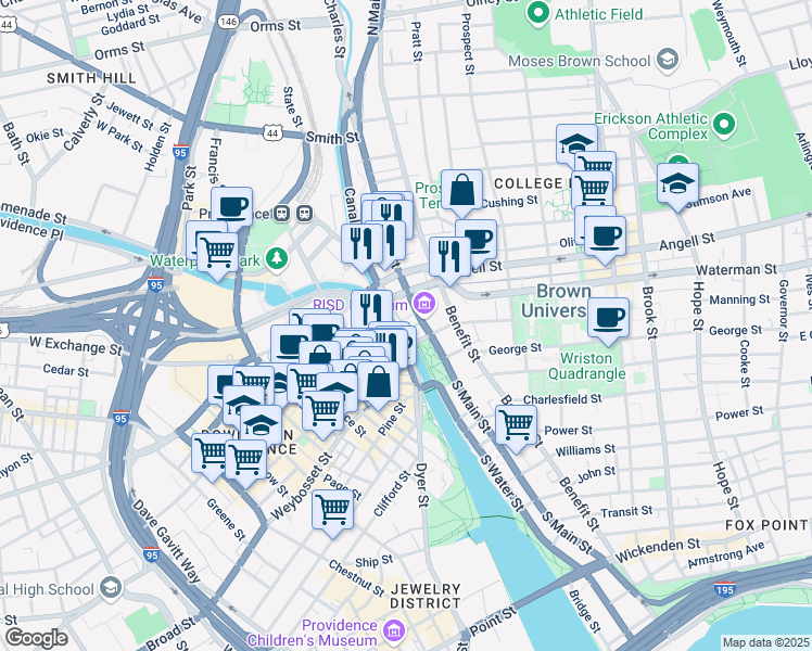 map of restaurants, bars, coffee shops, grocery stores, and more near 7 Canal Walk in Providence
