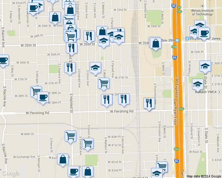 map of restaurants, bars, coffee shops, grocery stores, and more near 3740 South Parnell Avenue in Chicago