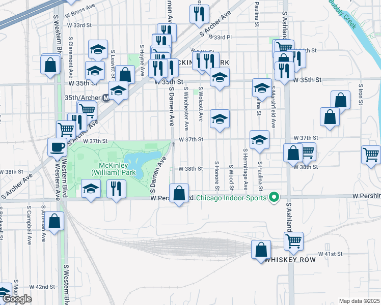map of restaurants, bars, coffee shops, grocery stores, and more near 3727 South Winchester Avenue in Chicago