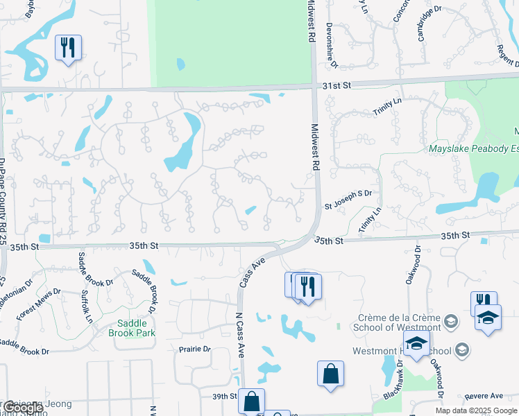 map of restaurants, bars, coffee shops, grocery stores, and more near 1720 Midwest Club Parkway in Oak Brook