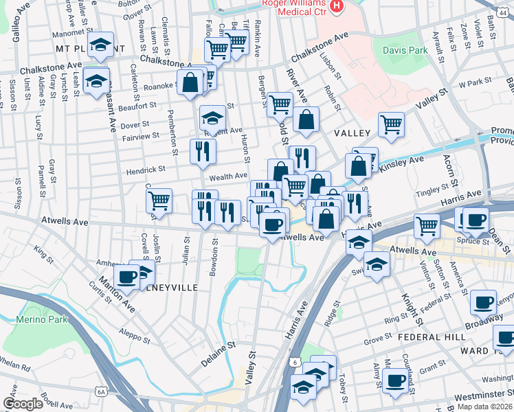 map of restaurants, bars, coffee shops, grocery stores, and more near 33 Turner Street in Providence