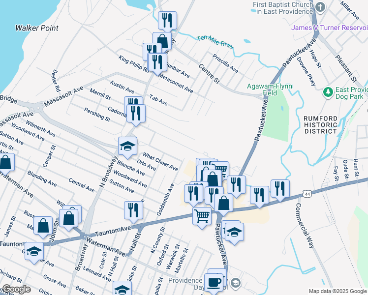 map of restaurants, bars, coffee shops, grocery stores, and more near 157 Dewey Ave in East Providence