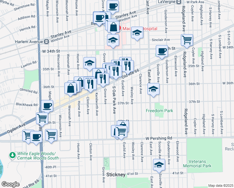 map of restaurants, bars, coffee shops, grocery stores, and more near 3627 Oak Park Avenue in Berwyn