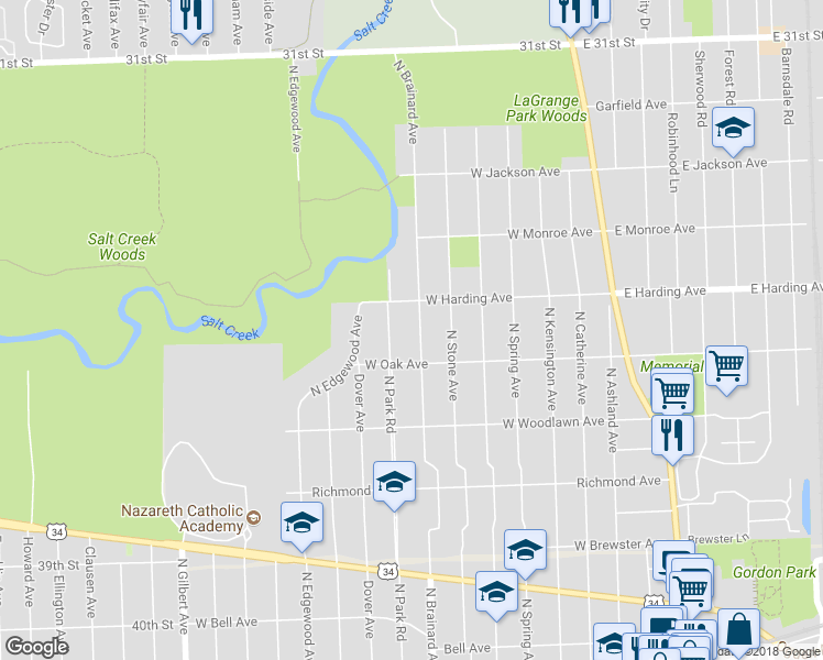 map of restaurants, bars, coffee shops, grocery stores, and more near 626 North Brainard Avenue in La Grange Park