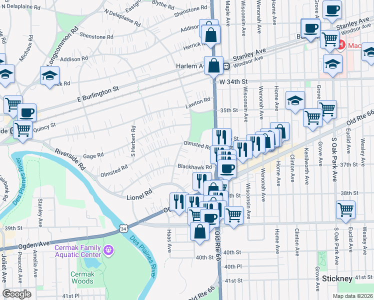 map of restaurants, bars, coffee shops, grocery stores, and more near 139 South Delaplaine Road in Riverside