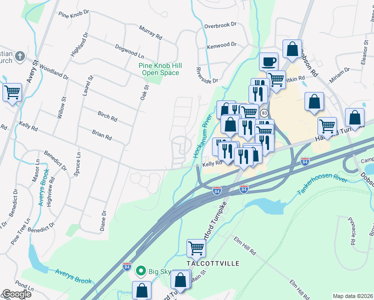 map of restaurants, bars, coffee shops, grocery stores, and more near 325 Kelly Road in Vernon