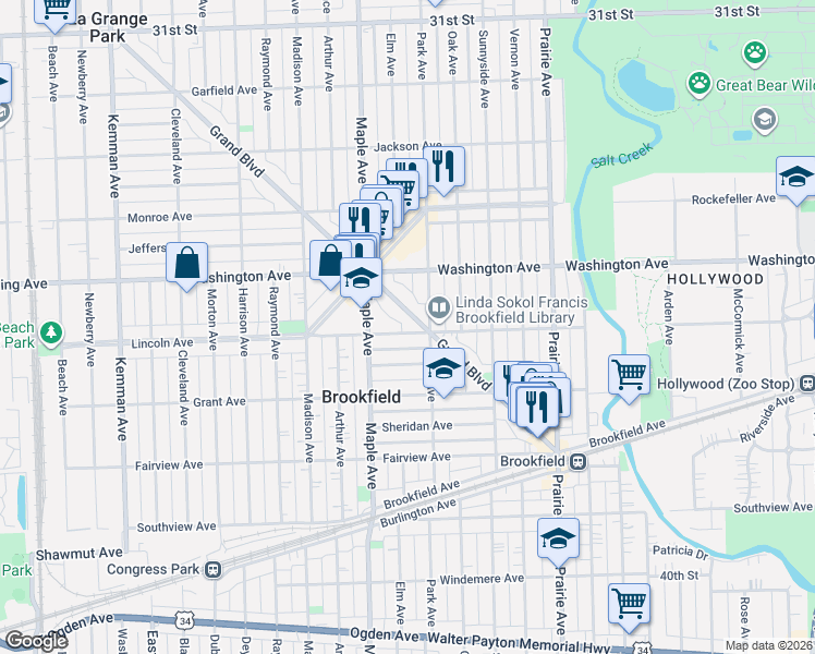 map of restaurants, bars, coffee shops, grocery stores, and more near 9118 Lincoln Avenue in Brookfield