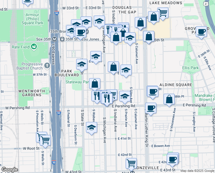 map of restaurants, bars, coffee shops, grocery stores, and more near 3751 South Michigan Avenue in Chicago
