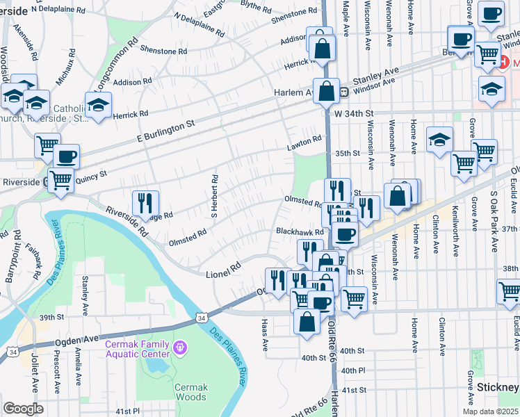 map of restaurants, bars, coffee shops, grocery stores, and more near 305 Olmsted Road in Riverside