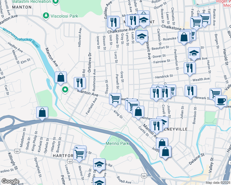 map of restaurants, bars, coffee shops, grocery stores, and more near 20 Parnell Street in Providence