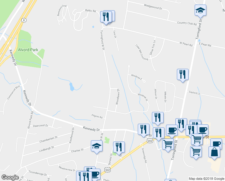 map of restaurants, bars, coffee shops, grocery stores, and more near 964 Torringford West Street in Torrington
