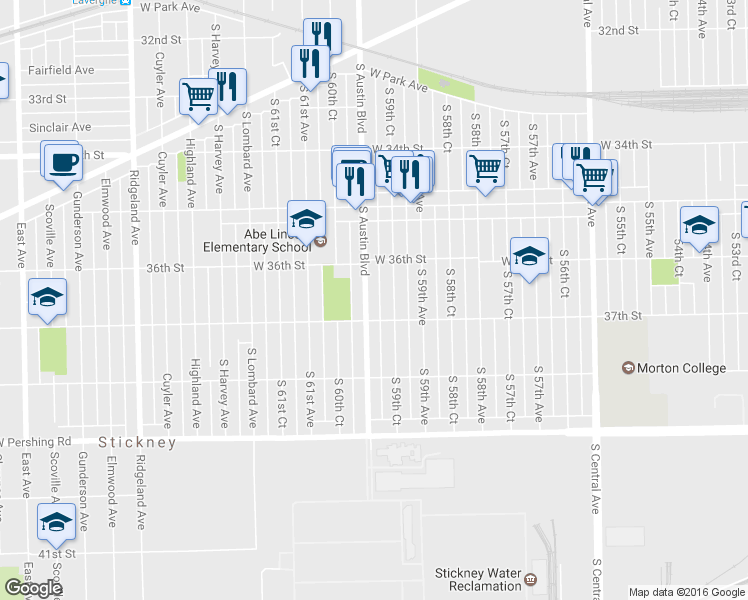 map of restaurants, bars, coffee shops, grocery stores, and more near 3635 South Austin Boulevard in Cicero