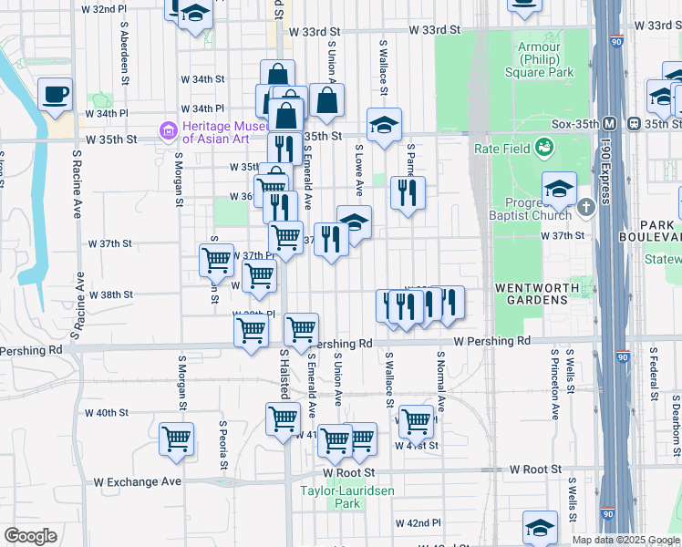 map of restaurants, bars, coffee shops, grocery stores, and more near 3739 South Union Avenue in Chicago