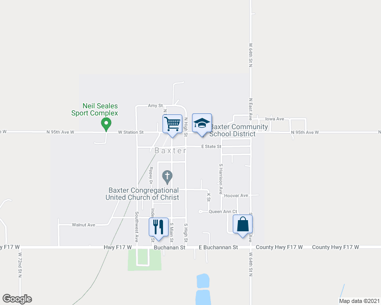 map of restaurants, bars, coffee shops, grocery stores, and more near 201 West State Street in Baxter