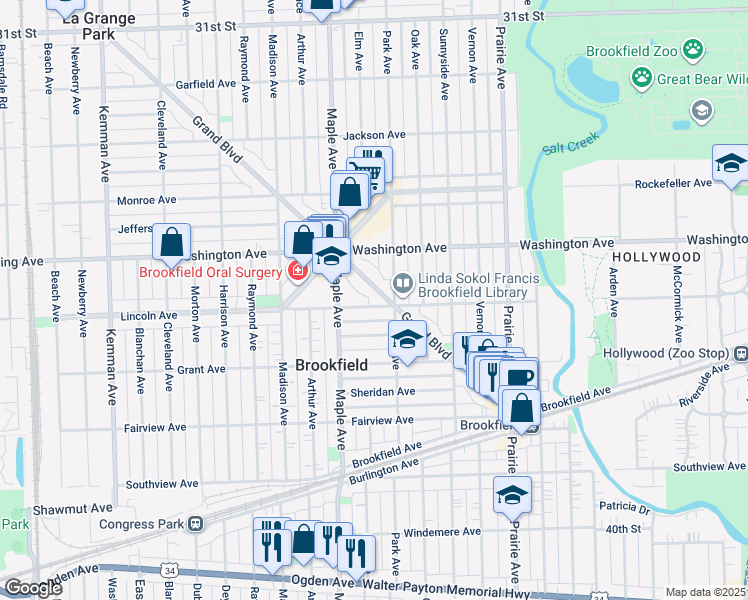 map of restaurants, bars, coffee shops, grocery stores, and more near 9126 Lincoln Avenue in Brookfield