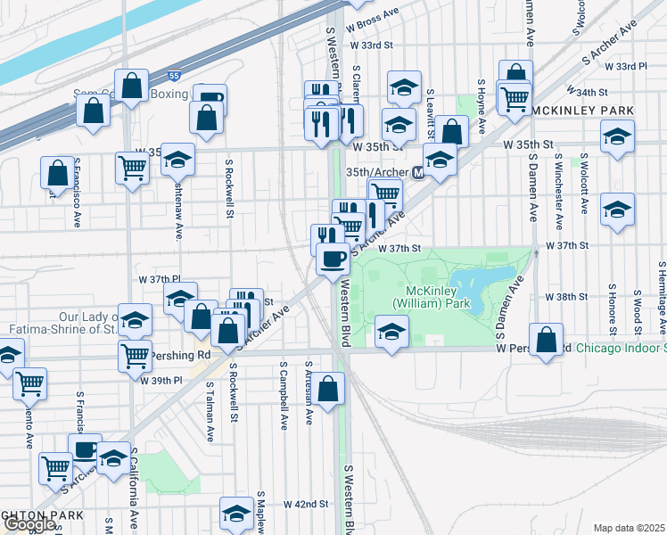 map of restaurants, bars, coffee shops, grocery stores, and more near S Western Ave & S Archer Ave in Chicago