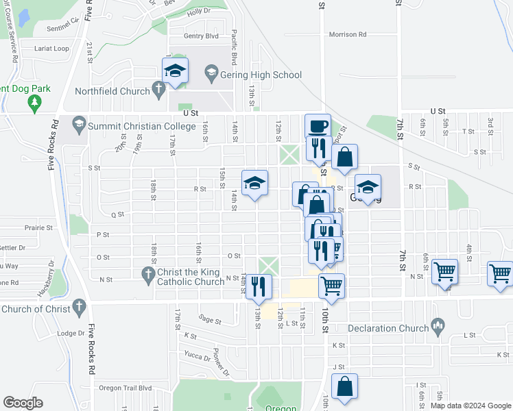 map of restaurants, bars, coffee shops, grocery stores, and more near 1725 13th Street in Gering