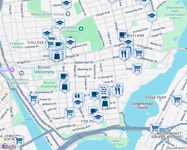 map of restaurants, bars, coffee shops, grocery stores, and more near 158 Governor Street in Providence