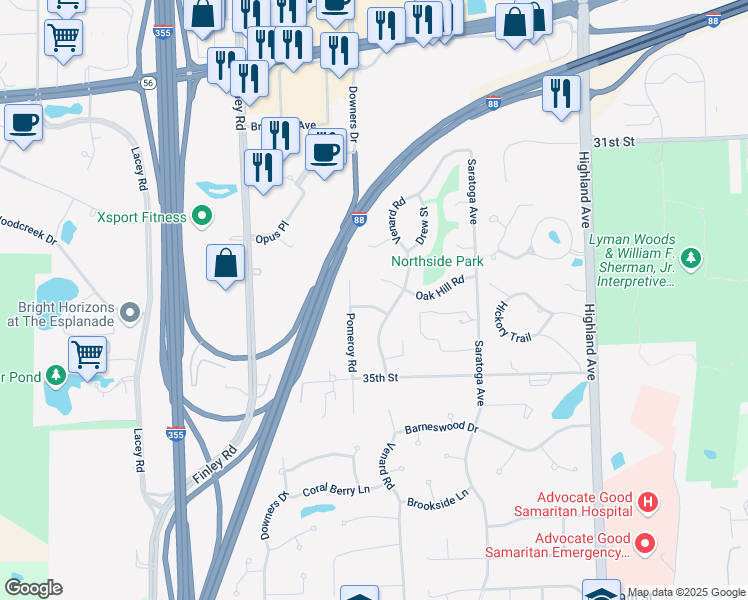 map of restaurants, bars, coffee shops, grocery stores, and more near 1420 Acorn Avenue in Downers Grove