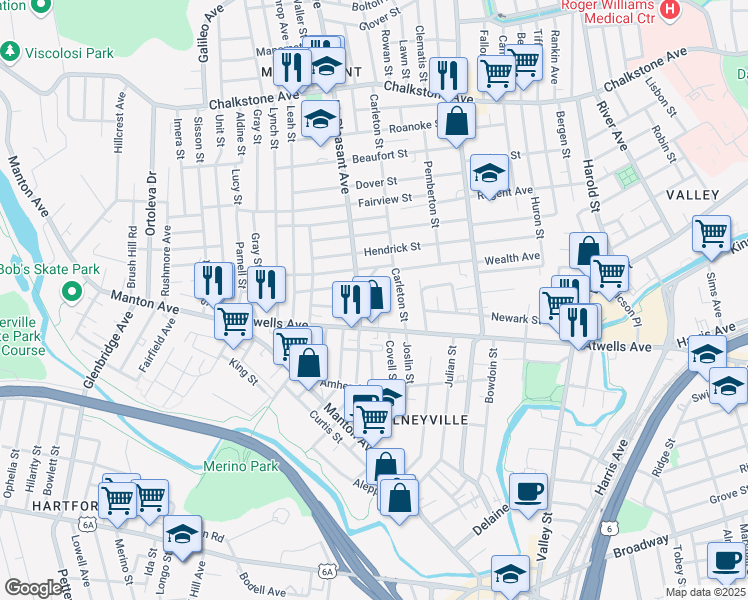 map of restaurants, bars, coffee shops, grocery stores, and more near 30 Mongenais Street in Providence
