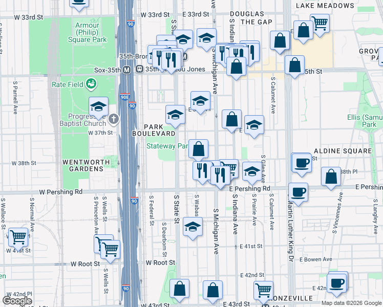 map of restaurants, bars, coffee shops, grocery stores, and more near 3748 South Wabash Avenue in Chicago